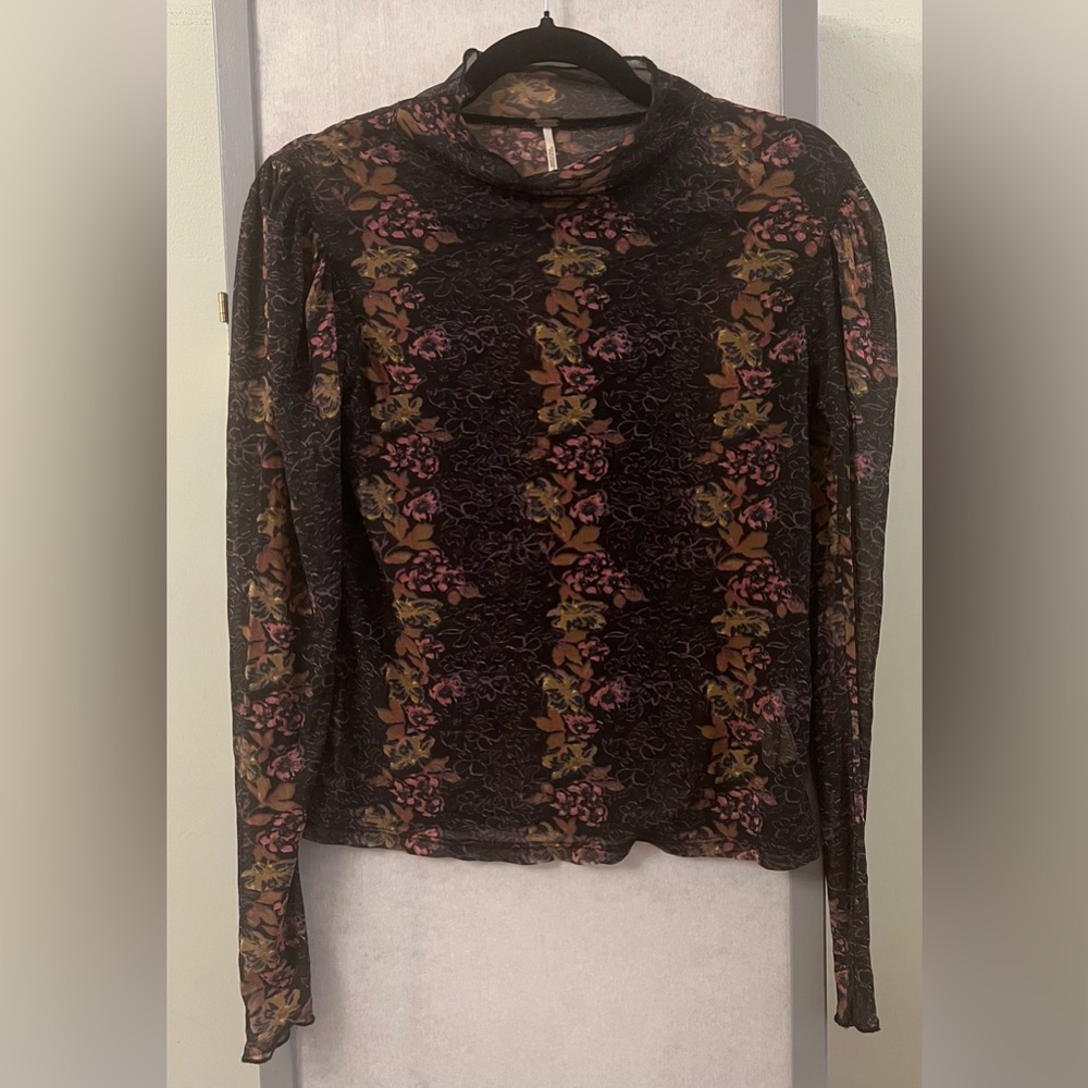 Free People Amber Floral Mesh SMALL Black Floral Flowers Puff Sleeve Mock Neck